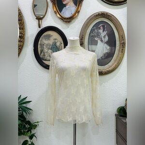 Sheer Lace Mesh Cream Top Floral Embroidered Cottagecore XS-S